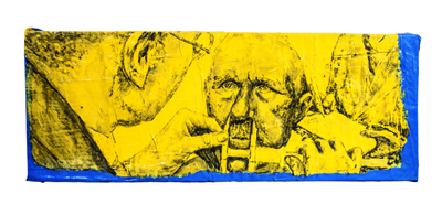 Dasein 2018, akryl, alkid, lakier, na używanej pościeli, 150 x 72 x 4 cm