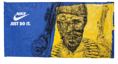 Brand 2018, akryl, alkid, na zużytej pościeli, 80 × 120 x 4 cm