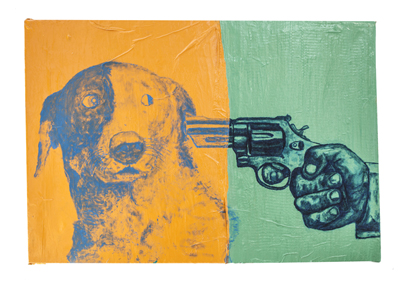 I wanna be your dog 2018, akryl, alkid, lakier, na używanej pościeli, 146 x 100 x 4 cm