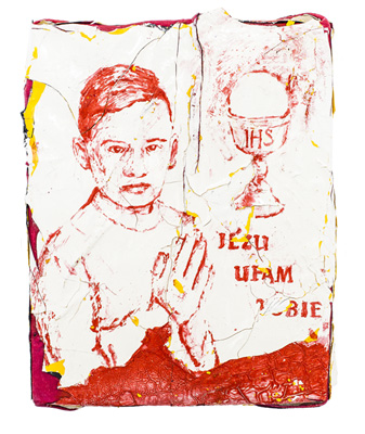 Pierwsza komunia 2020, alkid, lakier, na używanej pościeli, 22 x 27 cm