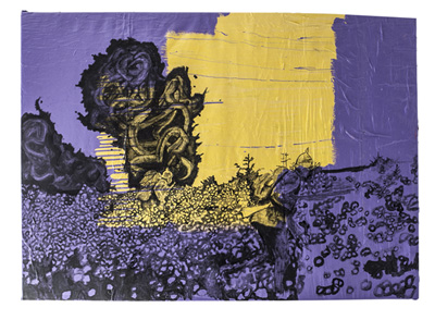 Strawberry Fields 2018, alkid, akryl na używanej pościeli, 188 x 137 x 4 cm